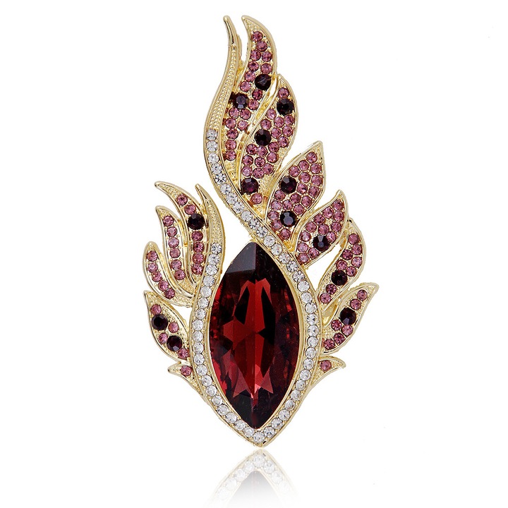 Brosa eleganta in forma de flacara cu cristal rosu si zirconii, bijuterie dama