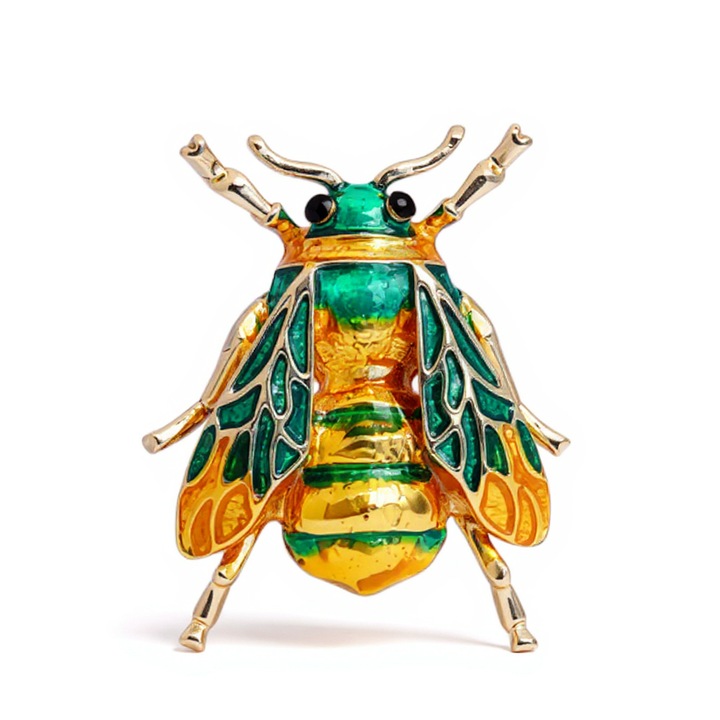 Brosa dama emaliata, metalica, aurie, verde, 3x2,5cm