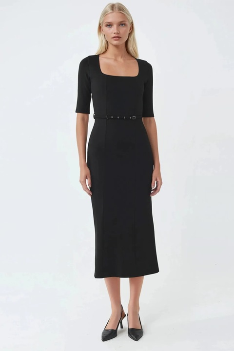 Rochie midi Busem cu curea, guler patrat, neagra, poliester si elastan