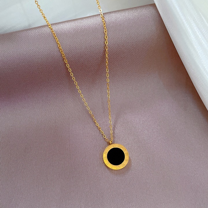 Colier din inox, agate negru, cristale, 40x5cm, auriu