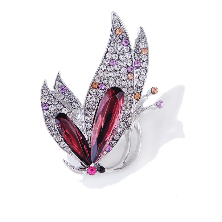 Brosa fluture, metal, cristale violet, 4.3x3cm