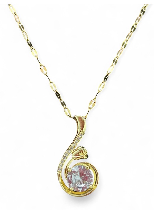 Colier elegant din inox, placat cu aur 18K, cu pandantiv din cupru si cyrkonia, 45cm, auriu