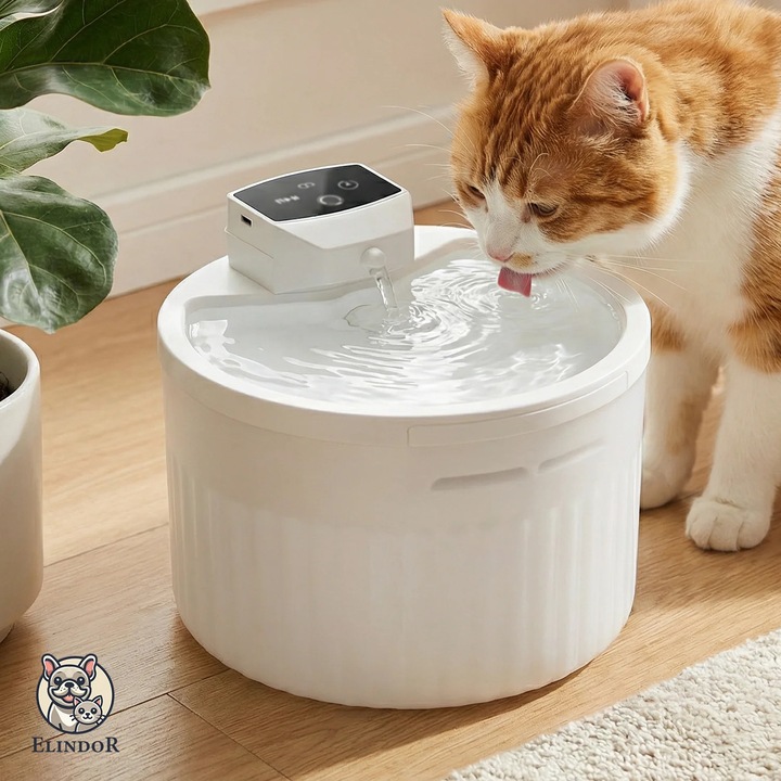 Fantana Apa Pisici si Caini Elindor®, Wireless, Senzor Miscare, Dispenser Automat cu Capac pentru Animale, Adapator cu Dubla Circulatie, Sistem de Purificare si Filtrare Carbune Activ, Flux Dublu, Filtru si Pompa Incluse, ABS, Capacitate 3L, Alb