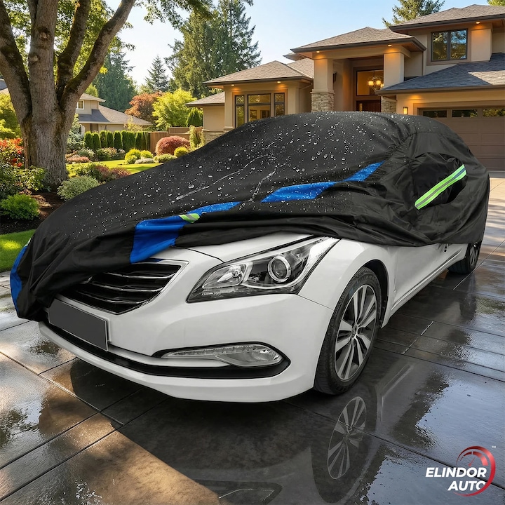 Prelata Auto Premium Elindor® Impermeabila, Protectie UV, Antisoare, Praf, Ploaie si Zapada, Toate Anotimpurile, Husa Exterior, Huse Protectie Completa, Universala, Accesorii Masina, Marime Sedan XL, 483 × 178 × 120 cm, Negru