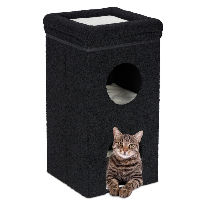 Котешки ансамбъл за игра Relaxdays, 40 x 40 x 76 см, Сгъваем, 2 подвижни възглавници, Полиестер, 2 нива, Черен