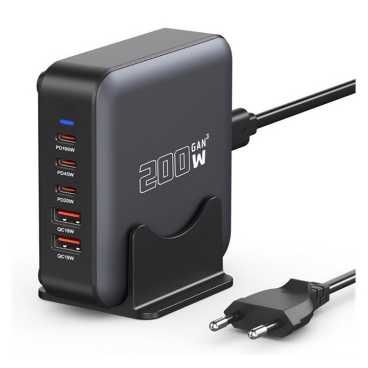 Blackbird bh1671 hálózati töltő 2 usb +3 type-c aljzat, 200w, gan, pd gyorstöltő, fekete