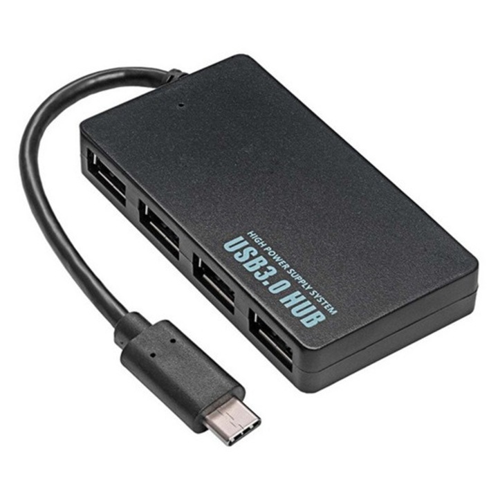 Blackbird bh1201 usb hub 4in1, elosztó, 4 usb 3.0 aljzat, 20cm type-c kábel, fekete