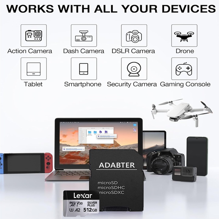 Карта памет microSDXC 512GB Lexar, UHS-I U3, V30, A2, 100MB/s, с адаптер