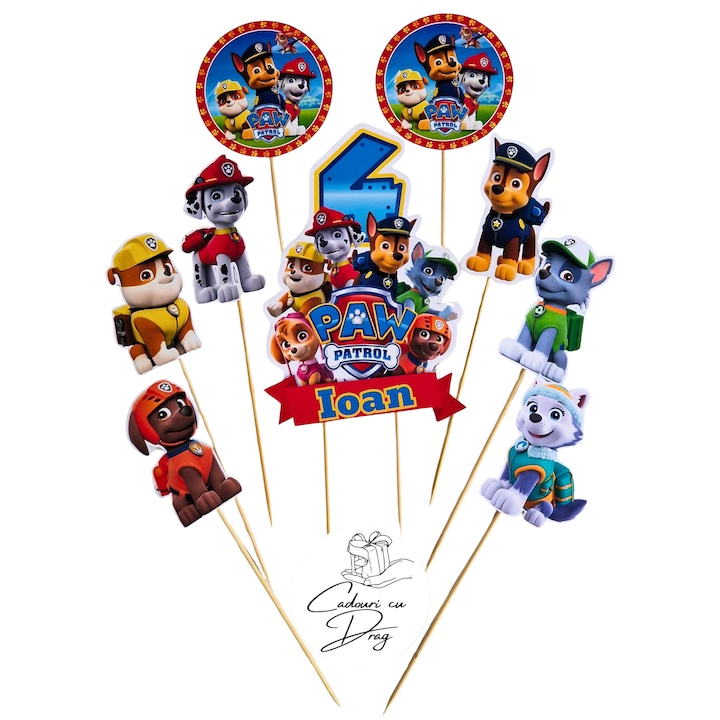 Topper tort Paw Patrol personalizat, set decor aniversar din carton, culori vii, personaje preferate, pentru copii