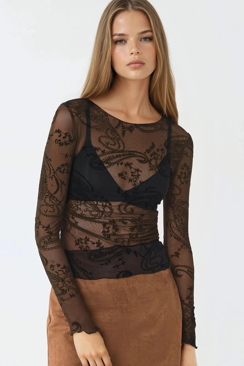 Bluza dama Busem, mulata, cu maneca lunga, imprimeu, negru, poliester-elastan