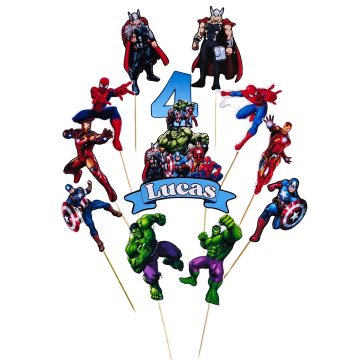 Topper tort tematica Super Eroi - personalizat cu nume si varsta – decor aniversar din carton, pentru copii