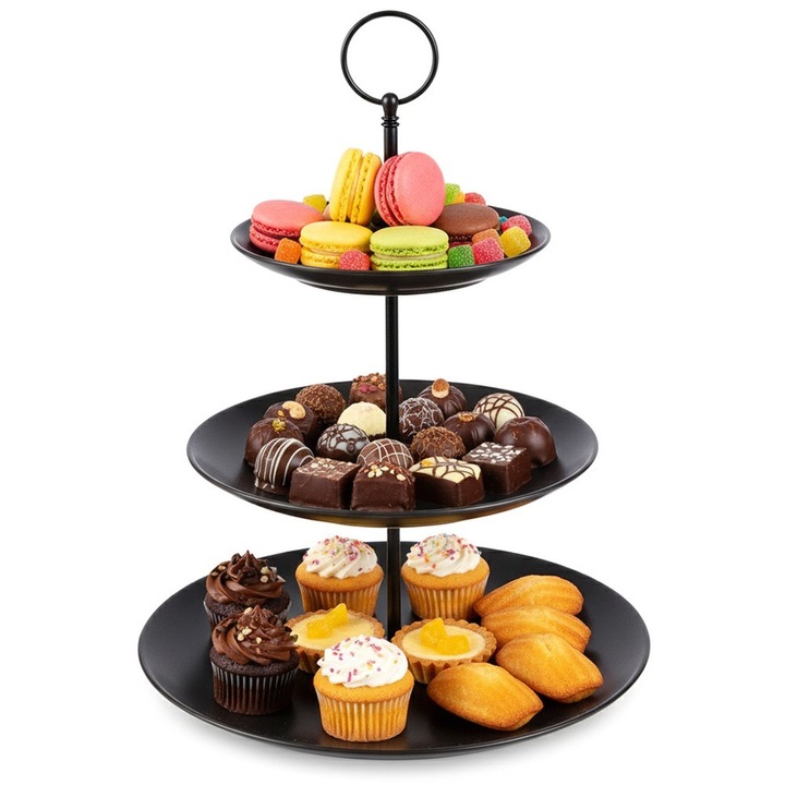 Platou Etajat Pentru Servire Cu 3 Niveluri Din Portelan, Vilde, 34 cm, Negru, Suport Patrat Pentru Prajituri, Fructe Si Deserturi, Maner Metalic Solid, Design Elegant Stil Loft, Ideal Pentru Mese Festive Si Candy Bar, Usor De Asamblat Si Curatat