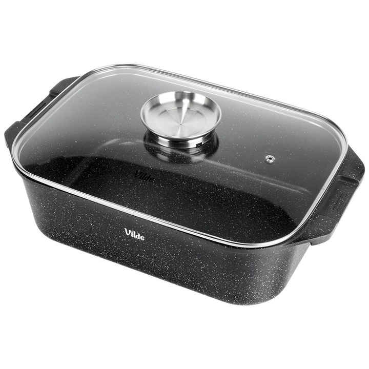 Cratita Dreptunghiulara Vilde, Acoperire Granit, Capac Sticla, Negru, 7.5 l, 41x26 cm