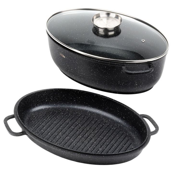 Vilde 3 az 1-ben ovális serpenyő gránit bevonattal és dupla fedővel, 8+3.2 l, 39x26.5 cm, fekete, alumínium sütőedény szett üvegfedővel és grillfedővel, tapadásmentes bevonat, sütőben és indukciós tűzhelyen, ideális kacsák és sültek elkészítéséhez
