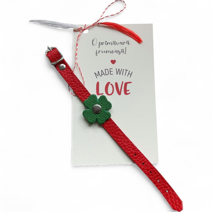 Martisor bratara rosie pentru fetite cu trifoi verde din piele naturala - 19 cm ajustabila