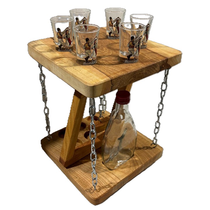 Masa tensegrity din lemn cu set pahare cu design Romania si sticla, design modern, culoare naturala