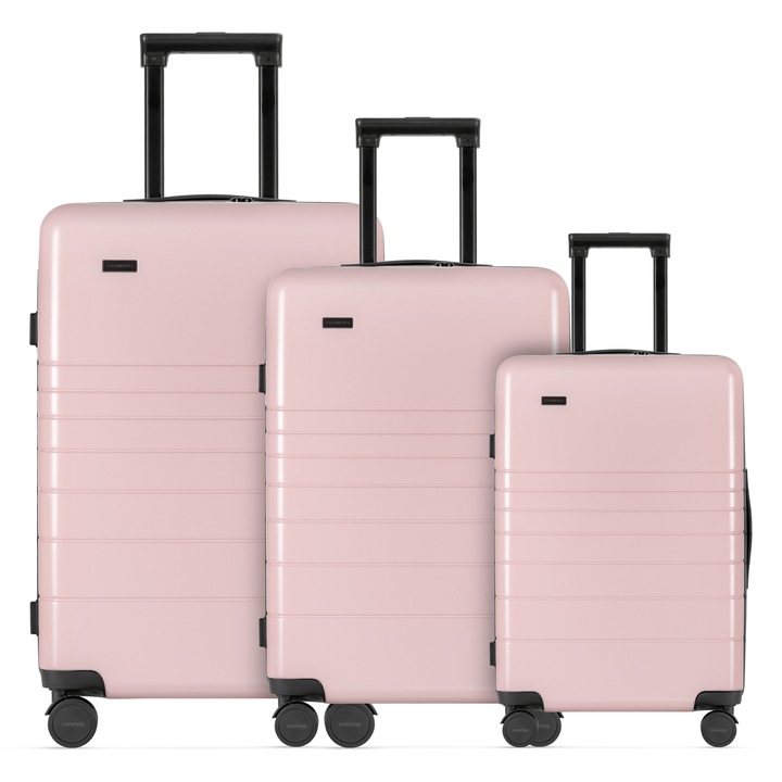 3 darabos gurulós bőrönd szett, Eternitive, E3, Polikarbonát + ABS anyag, TSA zár, Dupla 360 fokos kerekek, 98 l, Rózsaszín