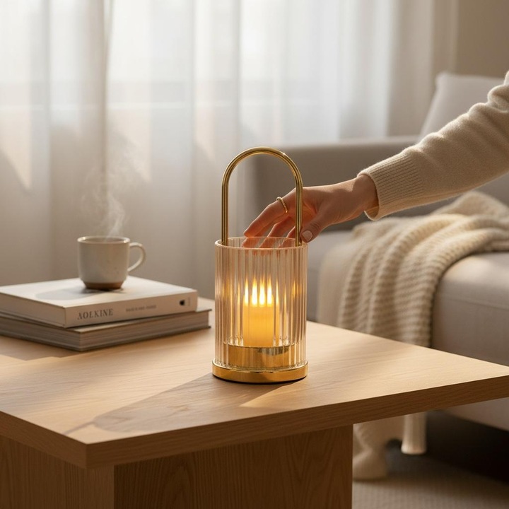 Lumanare Decorativa Tip Felinar LED cu Lumina Calda, Sticla Striata si Maner Metalic Auriu 20 x 8, 5 cm, 2xAA