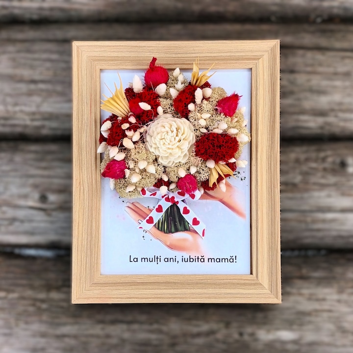 Decoratiune pentru interior, tablou cu licheni naturali stabilizati si flori uscate, mesaj pentru mama, buchet licheni si flori uscate, ziua mamei, 24x19 cm, rosu si alb