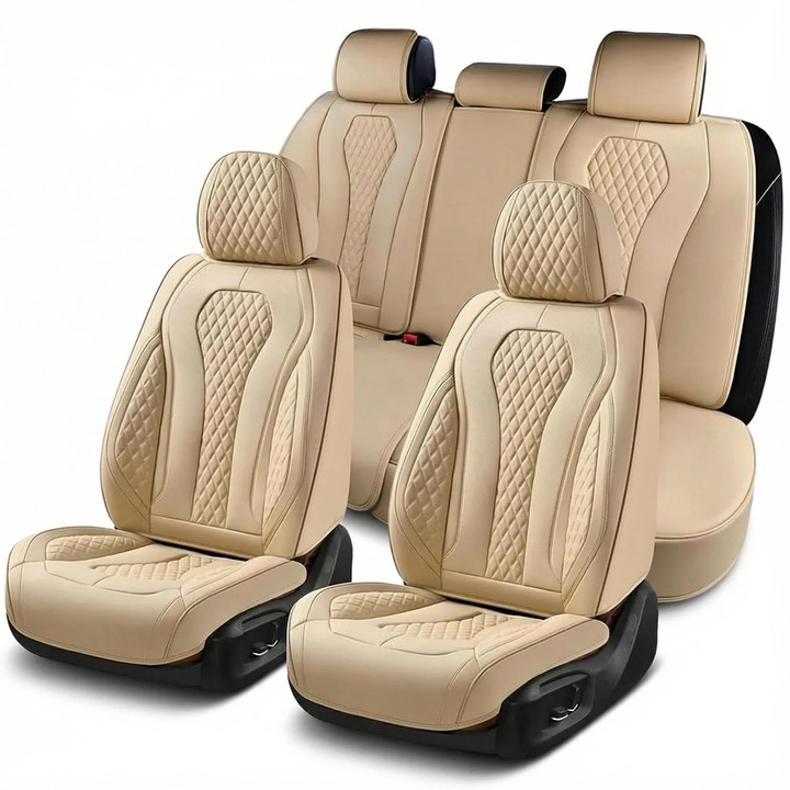 Set 5 Huse Scaune Auto Elindor® Universale, Husa pentru Protectie Sezut si Spatar Scaun Fata si Bancheta Spate, Impermeabila, Piele Nappa, Accesorii Masina Huse Interior, Bej