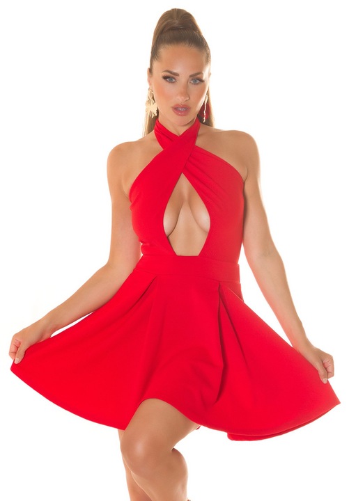 Rochie scurta cu bretele late incrucisate si decolteu adanc, Rosu