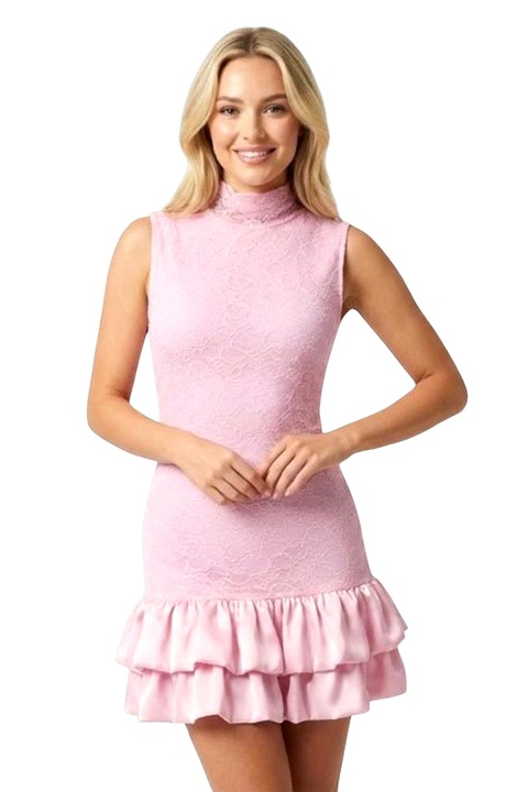 Къса рокля IVORIA, дантела, висока яка, розова, размер S/M