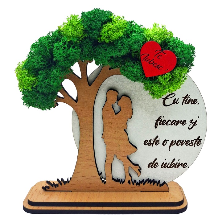Decoratiune Cadou de Ziua Indragostitilor cu Mesaj de Iubire si Licheni Stabilizati, 15 cm