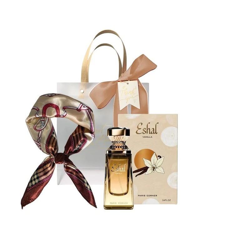 Eshal Vanilla Paris Corner parfüm szett, Eau de Parfum, Női, 100 ml + Szatén sál + Ajándéktáska