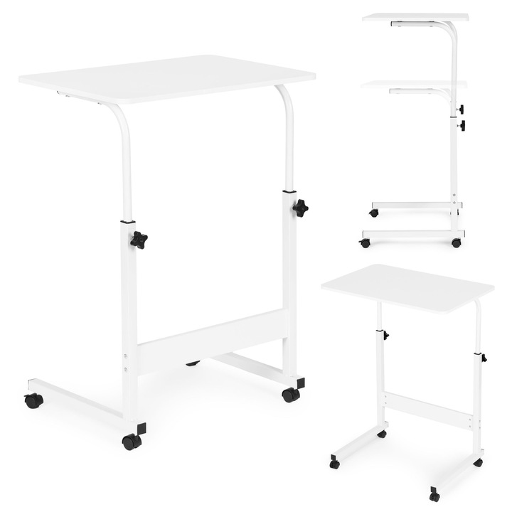 Mobil laptopasztal, ModernHome, 60x40 cm, állítható magasság 65,5-89 cm, fehér