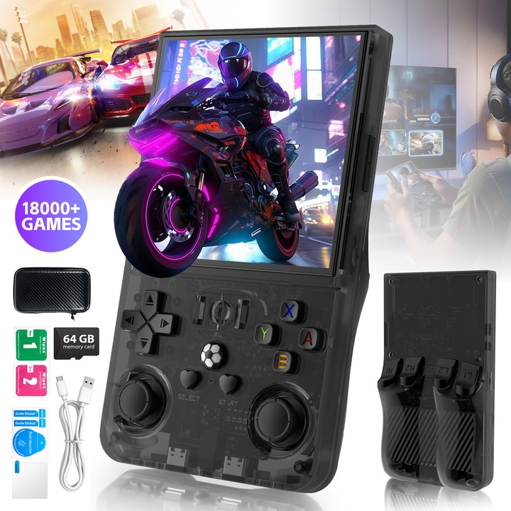 Consola de jocuri portabila Retro, Bedee®, Arcade portabila de buzunar, Sistem Linux, incorporat 18000+ jocuri,720x720,64G, HD 4.0" IPS,26 simulatoare, ergonomic, Arcade portabila de buzunar,4000mAh reincarcabil,5V/2A (10W)