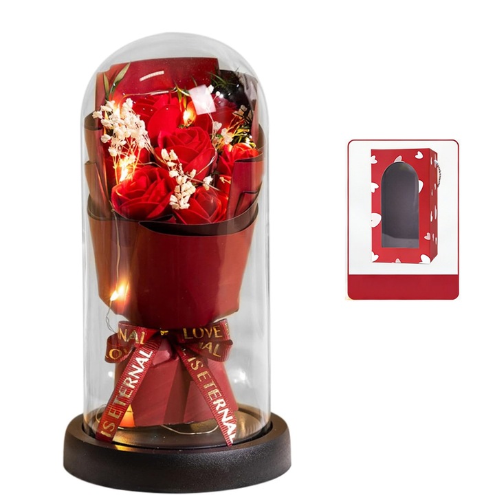 Set 7 trandafiri, asskanaer, Set de trandafiri eterni in sticla, Cu lumini led si elegant in dome de acril, Abajur, Baza stabila din plastic abs, Decorativ, Usor de curatat, Pentru mama, sotie, fata, cadou aniversar, Plastic, 21*11.5cm, Rosu