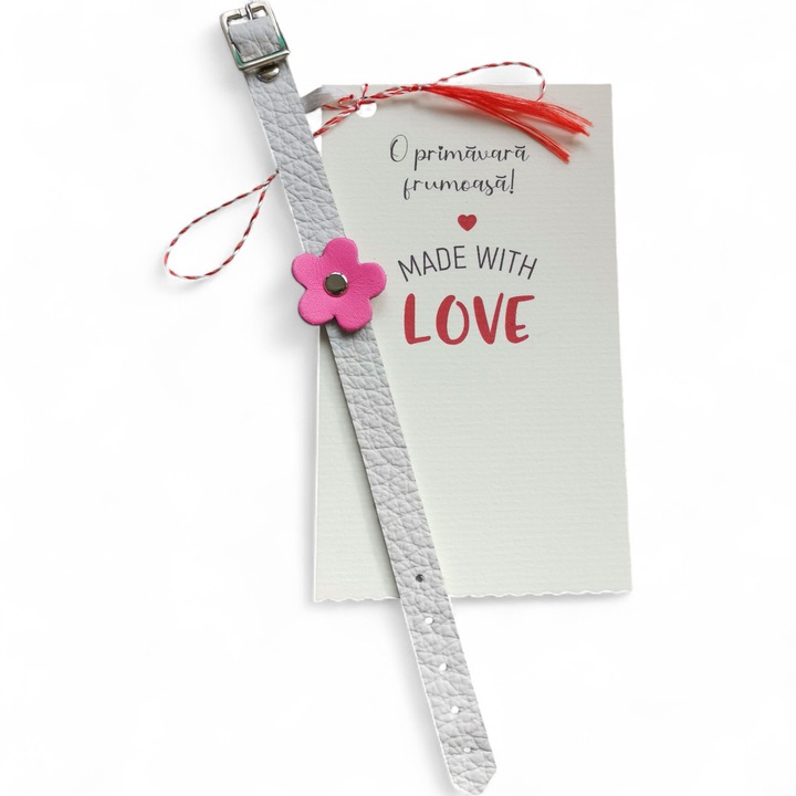 Martisor bratara alba pentru fetite cu floricica roz din piele naturala - 19 cm ajustabila