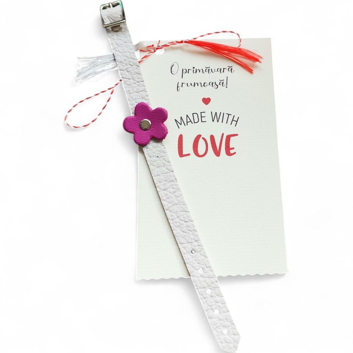 Martisor bratara alba pentru fetite cu floricica mov din piele naturala - 19 cm ajustabila