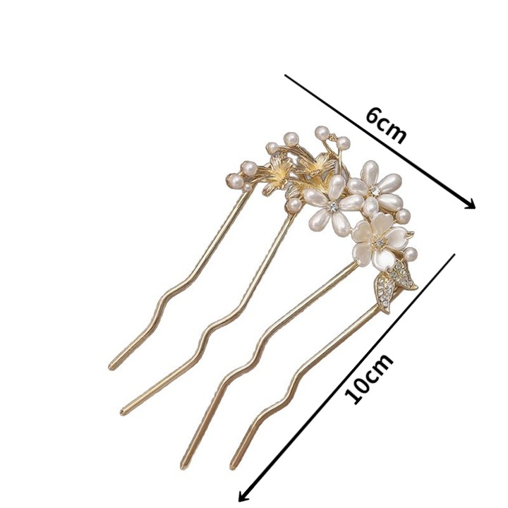 Комплект от 2 метални U-образни фиби за коса с големи кристали, златисти, 6x10см