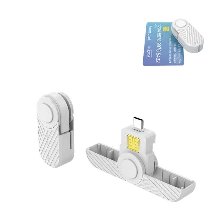 Cititor de carduri inteligente, card SIM, card de identitate, card bancar, card CAC, port Type-C, alb