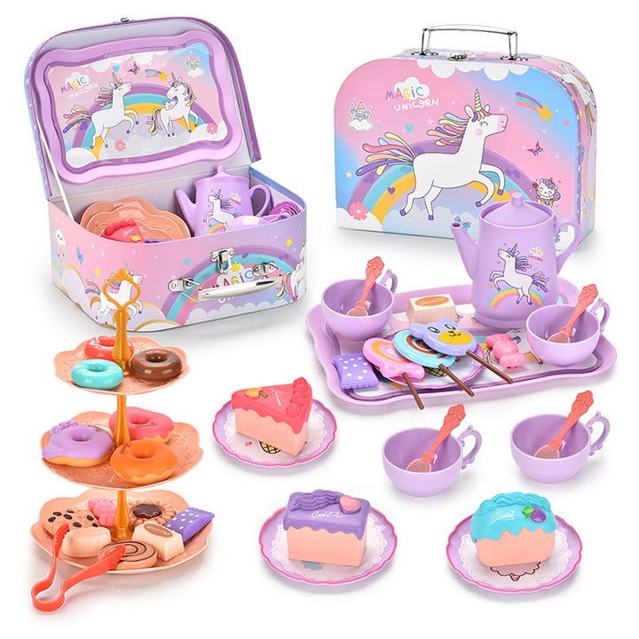Set jucarie educativa 48 piese ceai cutie de transport, Duueyct,, Jucarii de Joaca Printesa pentru Petrecearea de Ceai pentru Copii de 3,4,5,6 ani, Inclusiv Ceainic, Cesti, Farfurii, Desert, Bauturi si Geanta de Transport cu Design Inedit, Unicorn