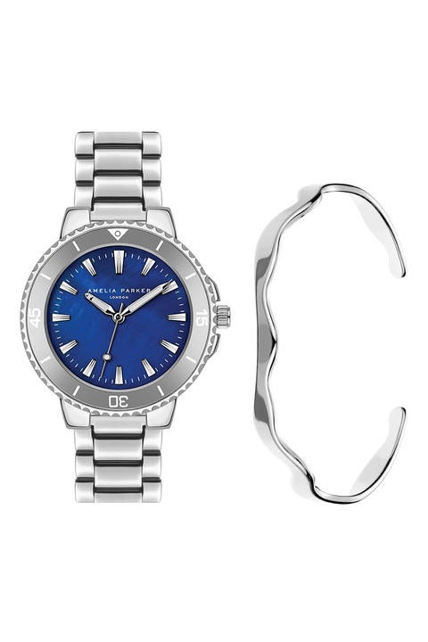 Amelia Parker, Set de ceas analog si bratara rigida fara inchidere, Argintiu