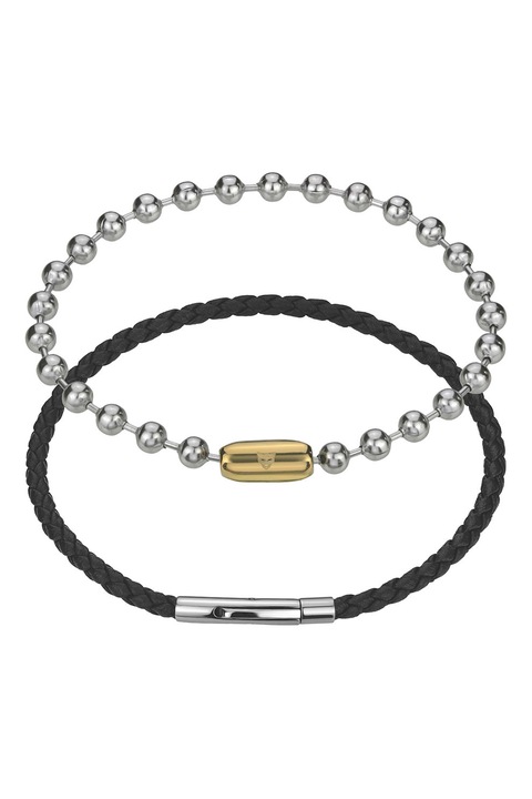 Marc Lauder, Set de bratara din piele si bratara din otel inoxidabil - 2 piese, Negru, Argintiu
