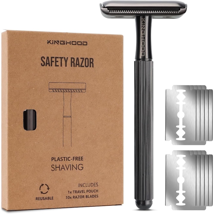Aparat de ras KINGHOOD, lama simpla metalica reutilizabila, include 10 lame simple, zero waste, Metal, culoare Negru Metalic