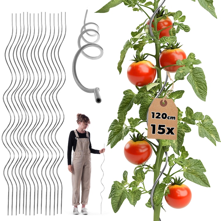 Suport spiralat pentru plante KADAX, aluminiu, 120 cm, set 15 buc, argintiu