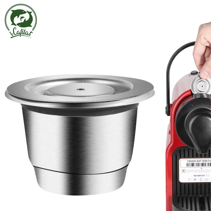 Capsula Cafea Reutilizabila iCafilas pentru Nespresso, Inox 304 Premium, Versiunea a 4-a cu Crema Bogata, Compatibila cu Essenza Mini, Pixie, Inissia, Citiz, Include Lingura 2-in-1 si Periuta
