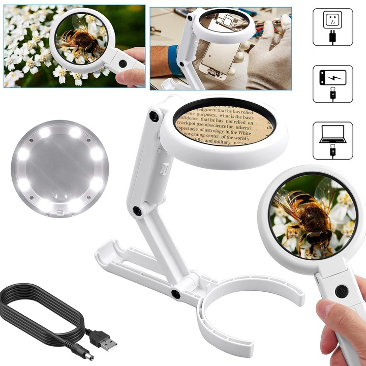 Lupa Cu Lumina Si Suport, Lupe Portabile 5X Cu 8 Led-Uri Iluminata Cu Incarcare Usb Cu Birou, Pliabila 2 In 1 Pentru Degenerare Maculara, Citit Pentru Seniori, Lucru De Aproape, Monede, Bijuterii