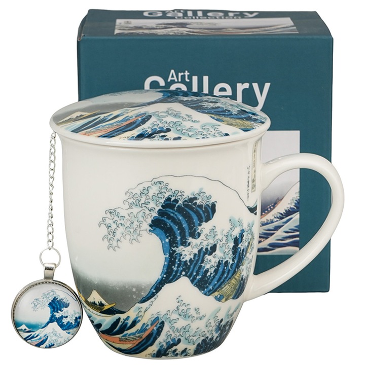 Cana cu infuzor DUO, Marele Val De La Kanagawa - Hokusai, 400 ml, portelan, cutie cadou