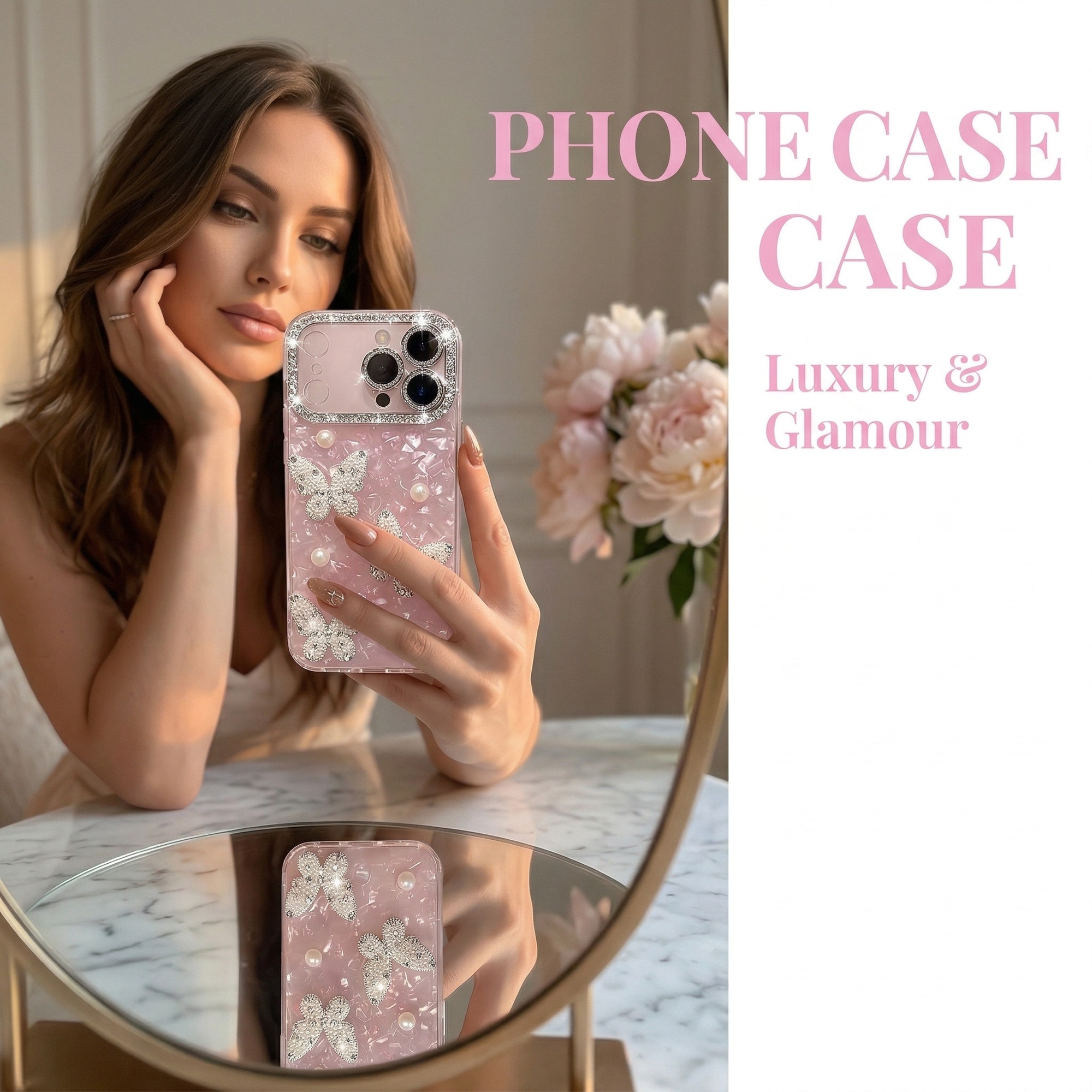 Husa pentru iPhone 17 Pro max, Cu Strasuri, Fundite si Perle, Sidef Roz, Antisoc, Top Favorite