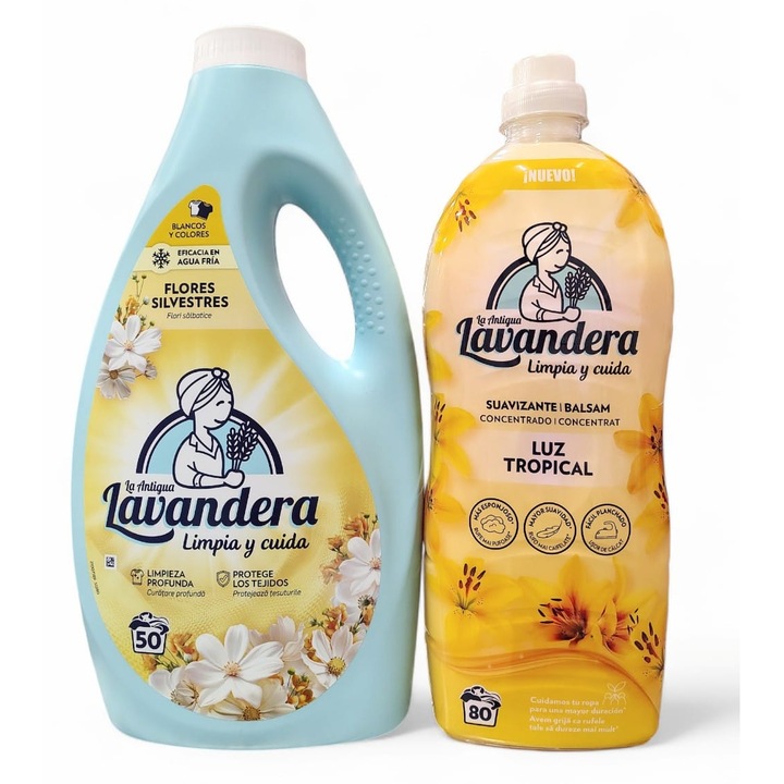Течен перилен препарат Лавандера 2.5 л Flores Silvestre 50 изпирания, Омекотител за пране Лавандера Luz Tropical 1,76л 80 изпирания