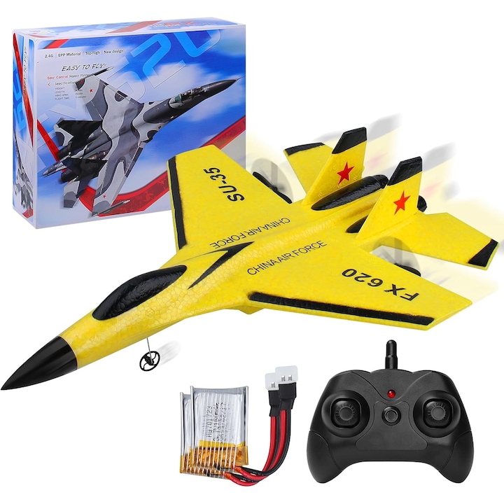 Avion de luptă telecomandat FX620, giroscop, rezistent la impact, galben, set complet