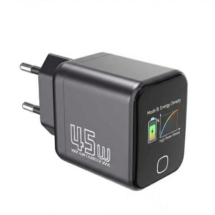 Incarcator Retea GaN 45W cu Afisaj Digital TFT MARBEX, Tehnologie AI de Monitorizare Temperatura, Fast Charge PD 3.0, USB-C, Compatibil iPhone, Samsung, MacBook, Compact, Gri inchis