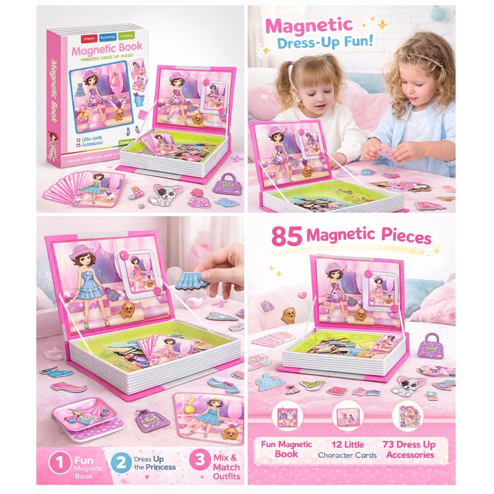Carte magnetica puzzle pentru fete, Imbraca Printesa - Magnetic