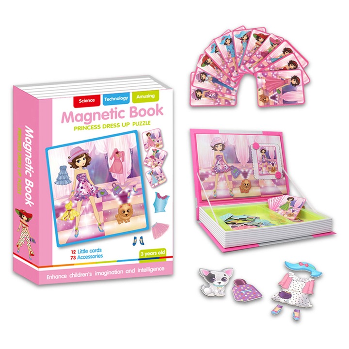 Пъзел книга за момичета, Облечи принцесата - Магнитна книга, Мода, 73 магнитни елемента - аксесоари, 12 модела карти, Преносима и компактна, Развитие на креативност и STEM, +3 години