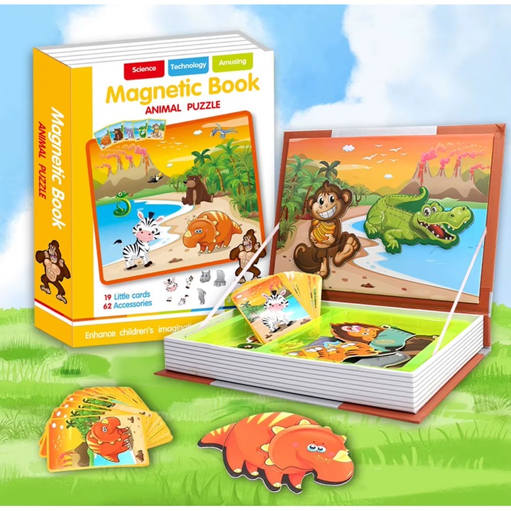 Carte magnetica educativa puzzle, Animale salbatice - Magnetic Book, 62 piese magnetice - accesorii, 19 carduri model, Portabil si Compact, Dezvoltare Creativitate si STEM, +3 Ani